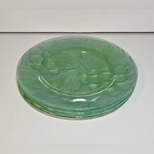KIG Frosted Embossed Grape Glass Plates Set of 3 Vintage Satin Green Glassware